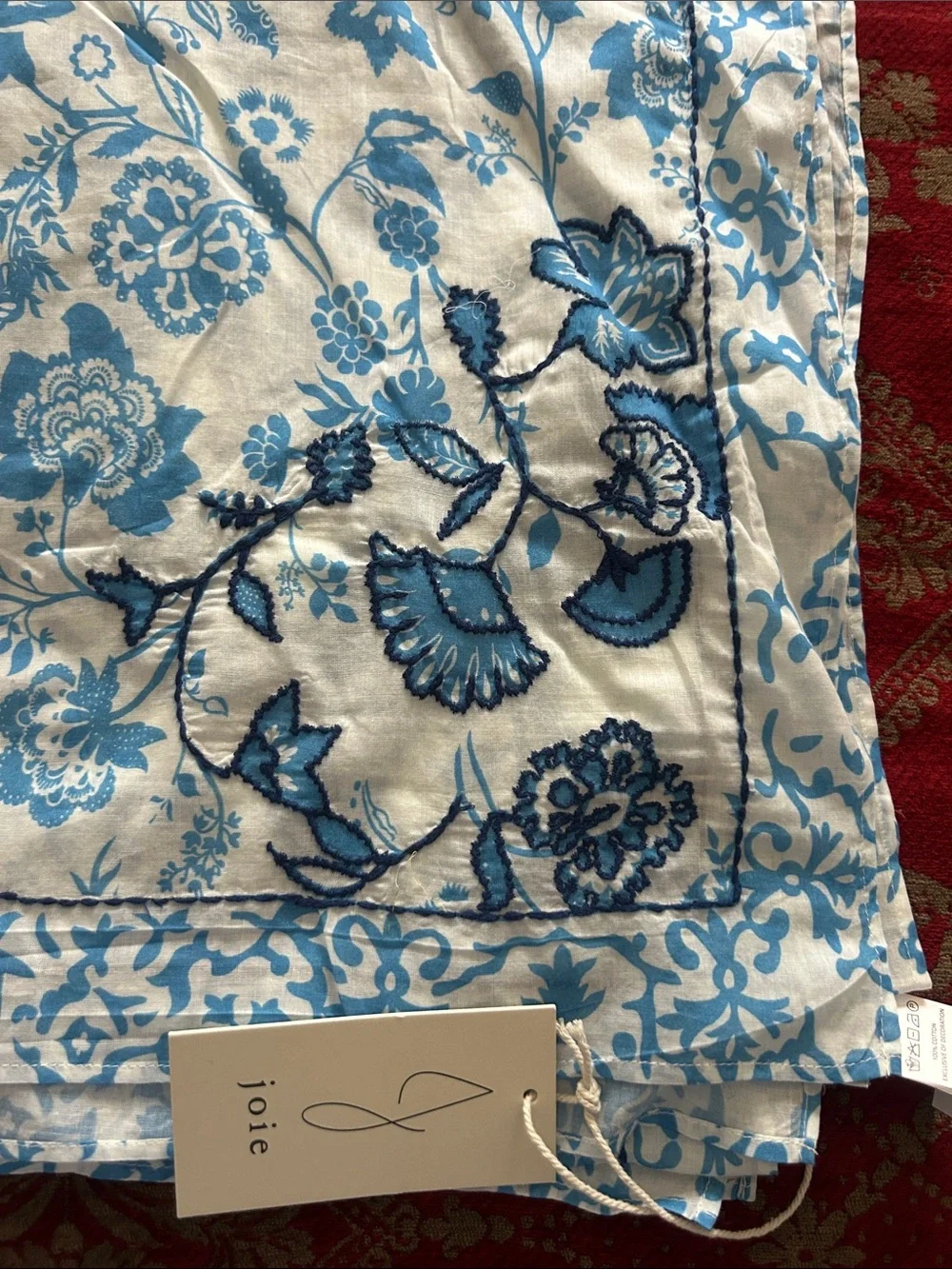 JOIE long 100% cotton Blue & White Floral Embroidered Scarf 40” X 72” , NWT
